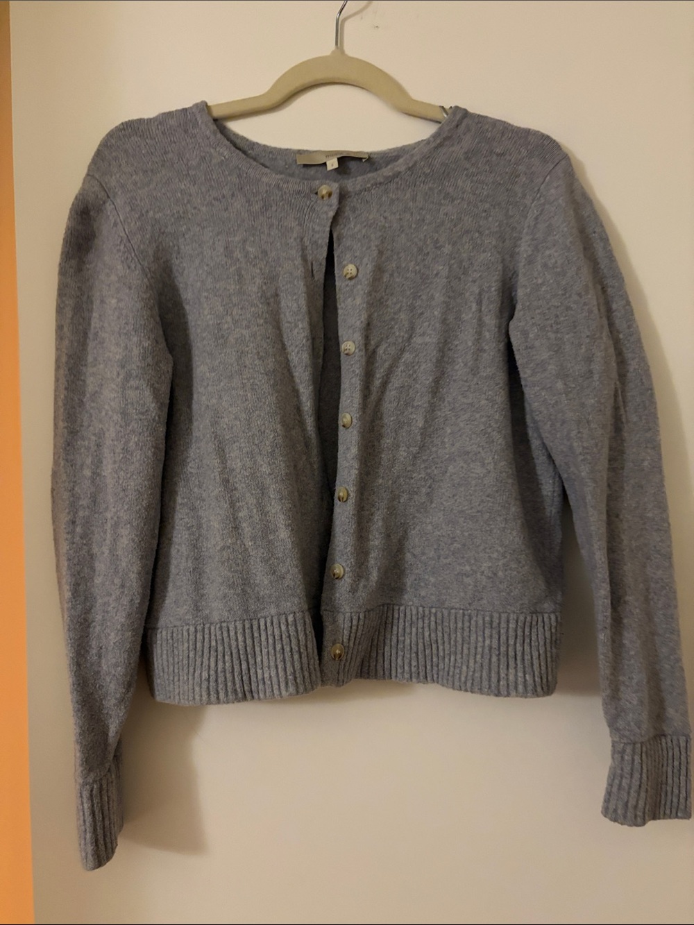 Blue Gray Crewneck Button-Front Cardigan Sweater